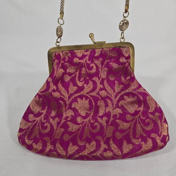 VINTAGE - ANTIQUE Bridgerton Hipster FUCHSIA Embellished Gold Details Clutch Bag - Picture 12 of 17